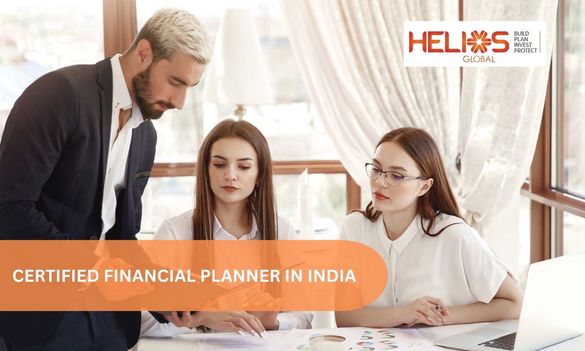 Business professionals discussing financial planning and investment strategies with Helios Global branding, representing certified financial planner services in India.