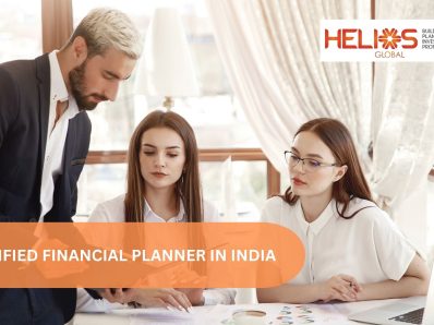 Business professionals discussing financial planning and investment strategies with Helios Global branding, representing certified financial planner services in India.