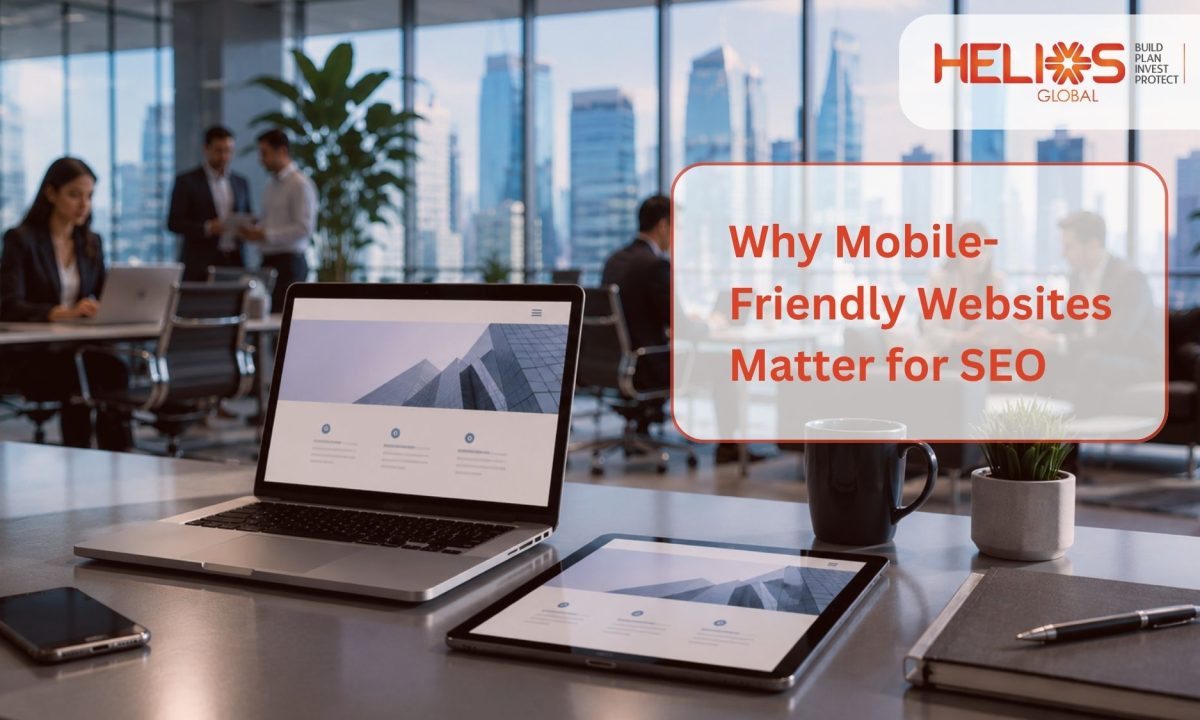 Why mobile-friendly websites matter for SEO illustrated through a modern corporate office with professionals using responsive digital devices.