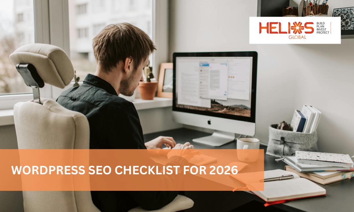 WordPress SEO Checklist for 2026 with a professional working on a desktop computer to optimize website SEO and improve Google rankings.