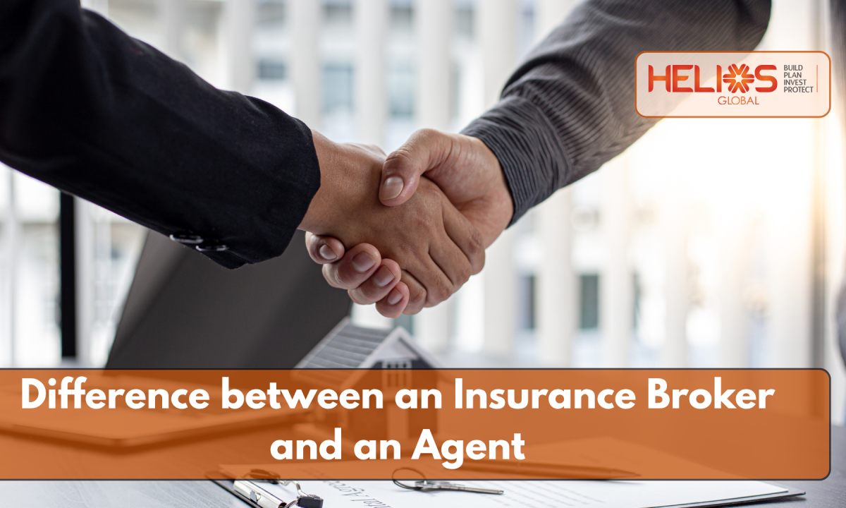 Two business professionals shaking hands over a desk with the text "Difference between an Insurance Broker and an Agent" and the Helios Global logo in the top-right corner.