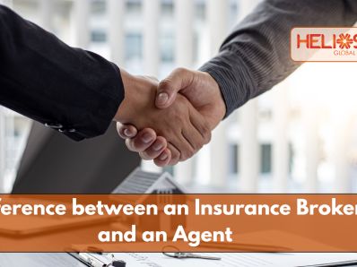 Two business professionals shaking hands over a desk with the text "Difference between an Insurance Broker and an Agent" and the Helios Global logo in the top-right corner.