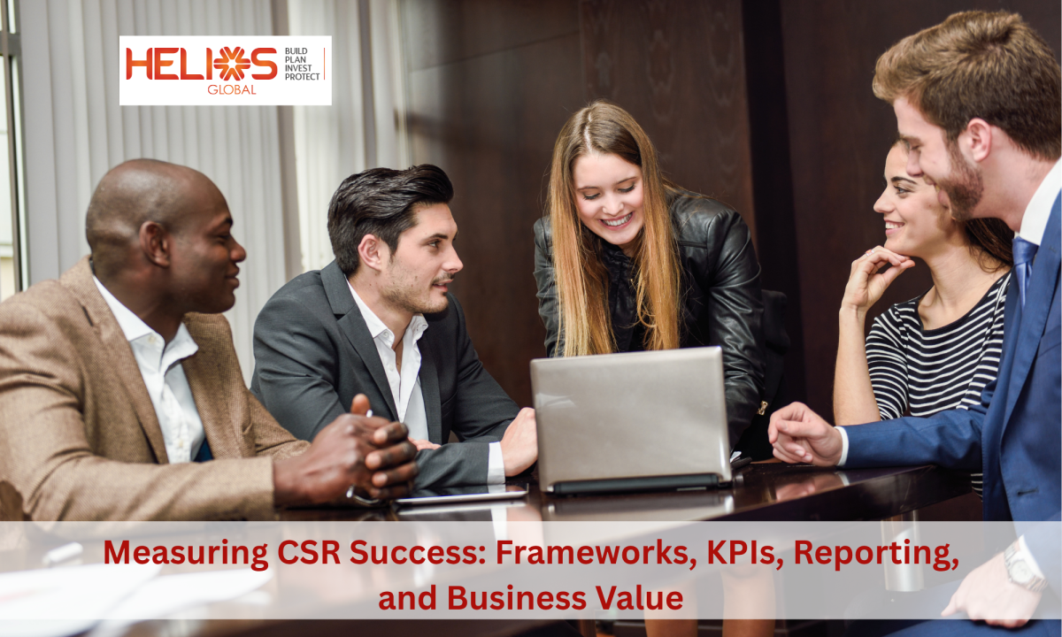 Business team discussing CSR impact measurement, KPIs, reporting, and business value in a collaborative meeting.