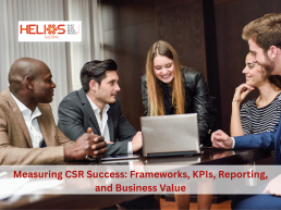 Business team discussing CSR impact measurement, KPIs, reporting, and business value in a collaborative meeting.